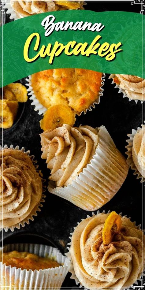 Easy Banana Cupcakes recipe with loads of banana flavor from real bananas plus a creamy frosting with a hint of cinnamon and a banana chip! Delicious Banana Cupcakes are a quick and easy version of banana cake that are perfect for last minute dessert. A yummy, easy, recipe! Easy Banana Cupcakes, Banana Treats, Creamy Frosting, Banana Cupcakes, Muffin Tin Recipes, Homemade Sweets, Banana Dessert, Banana Chips, Cupcakes Recipe