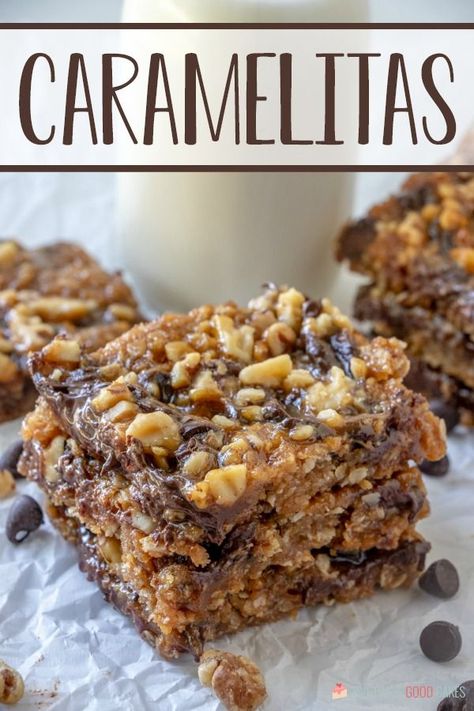 CARAMELITAS - ooey gooey caramel, paired with chocolate and an oatmeal crust. They are so easy to make and they are totally addicting! Oatmeal Crust, Gooey Caramel, Chocolate Oatmeal Cookies, Sweet Treats Desserts, Oatmeal Cookie Recipes, Ooey Gooey, Crockpot Meals, Granola Bars, Sweets Treats