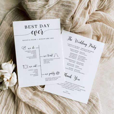 Best Day Ever Wedding Timeline Program Best Day Ever Wedding, Ring Bearer Flower Girl, Wedding Information, Wedding Programs Template, Wedding Timeline, Bridesmaids And Groomsmen, Elegant Designs, Wedding Program, Free Birthday Invitations