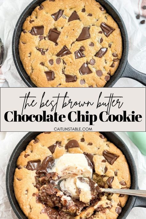 If you want to make the best chocolate chip cookies, try this homemade brown butter chocolate chip cookie skillet recipe. Instead of making individual cookies, just put your cookie dough into a cast iron skillet to bake one giant pizookie with a gooey center. Top with your favorite ice cream and it'll taste just like the one's from Bj's! Single Serve Skillet Cookie, Cookie Skillet Recipe, Chocolate Chip Cookie Skillet, Cookie Skillet, Desserts With Chocolate Chips, Easy Homemade Cookies, Brown Butter Chocolate Chip, Salted Chocolate Chip Cookies, Pumpkin Oatmeal Cookies