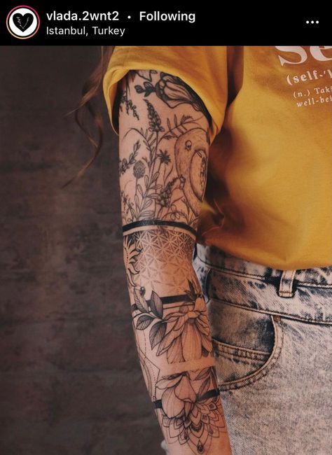 Dot Sleeve Tattoo, Geometric Nature Tattoo Sleeve, Earthy Sleeve Tattoos For Women, Sleeves On Women Tattoo, Womens Nature Sleeve Tattoo, Woman’s Arm Sleeve, Woman With Sleeve Tattoo, Forearm Nature Tattoos For Women, Women Arm Sleeve Tattoo Ideas Unique