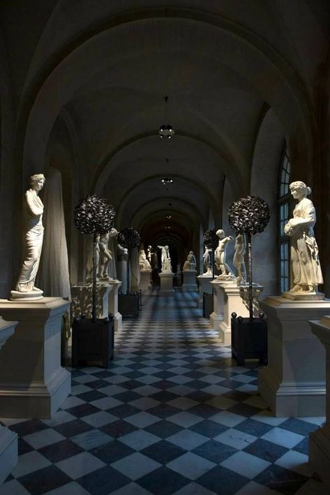 Dark Art Gallery, Dark Museum, Fantasy Museum, Museum Background, Museum House, Statue Museum, Checkerboard Tile, Art Gallery Aesthetic, Chateau Versailles