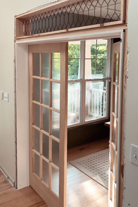 French Door To Sunroom, Interior Office Door Ideas, 4 Season Room With French Doors, French Door Diy Projects Ideas, Den With Glass French Doors, Vinyl French Doors, Small Dining Room With French Doors, French Door For Office, Custom French Door