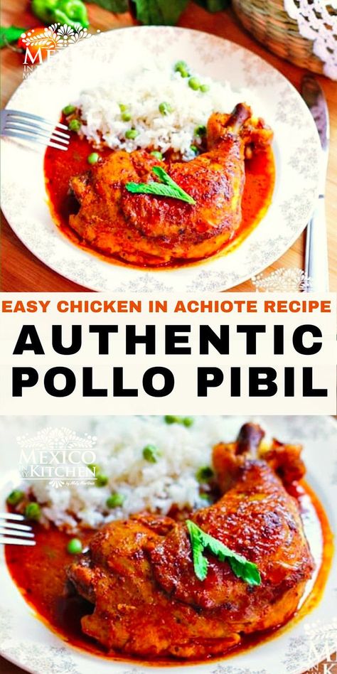 Marinated in colorful achiote and citrus marinade and served with pickled onions, this chicken dish is one of the most popular dishes all over the Yucatán. Quick and easy recipe to prepared and so delicious. #pibil #pollopibil #chickenpibil Yucatan Food Recipes, Achiote Recipes, Achiote Chicken, Milanesa Recipe, Achiote Paste, Culture Recipes, Mexican Dinners, Citrus Marinade, Latin American Recipes