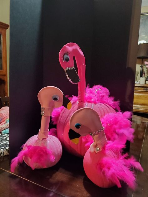 Flamingo family Flamingo Pumpkin Decorating, Flamingo Pumpkins, Flamingo Pumpkin, Creative Pumpkin Decorating, Painting Pumpkins, Halloween Pumpkins Painted, Pumpkin Projects, Creative Pumpkins, Pumpkin Ideas