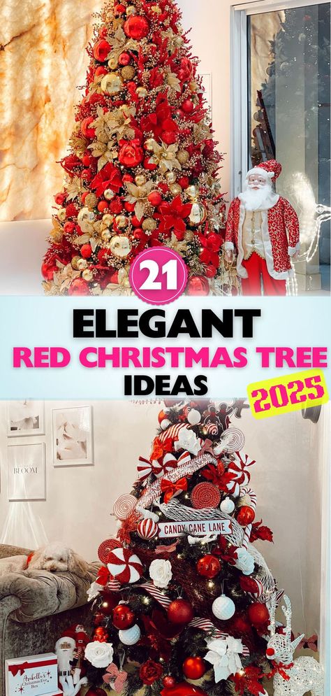 Add holiday cheer with stunning red Christmas tree ideas that showcase vibrant reds, festive accents, and a touch of elegance. Christmas Tree Ideas With Poinsettia, Red Ornaments On White Christmas Tree, Red White Silver Christmas Tree Ideas, Red White And Gold Christmas Tree Ideas, Red Xmas Tree Decorating Ideas, Red Gold And White Christmas Tree, White Christmas Tree Ideas Red, Red Christmas Tree Decorations Ideas, Red And White Christmas Tree Ideas