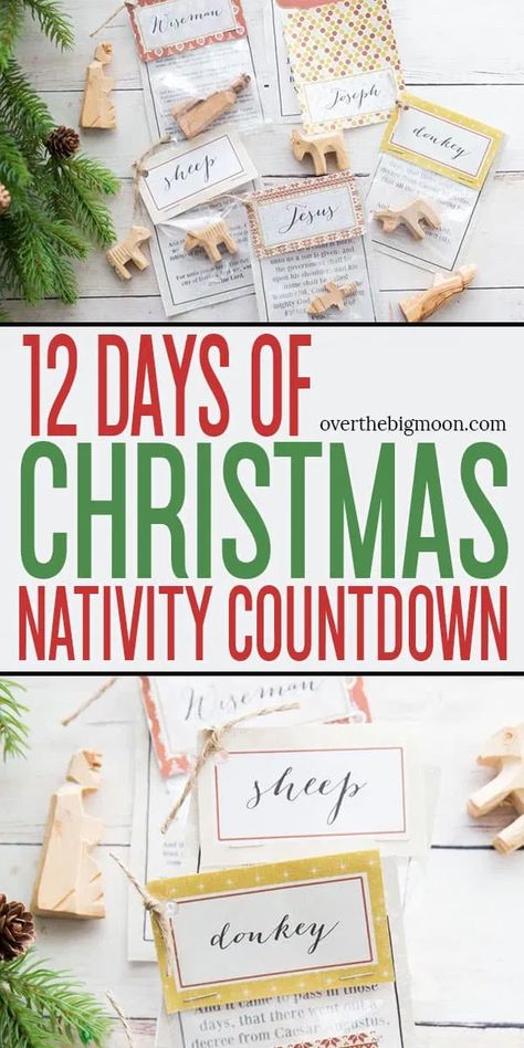 12 Days of Christmas Nativity Countdown with printable bag toppers and scriptures! Give it to your family or gift it to a neighbor or friend for 12 days! This is the perfect Christmas tradition! From overthebigmoon.com! From overthebigmoon.com #12daysofchristmas #12days #nativity #nativitystory #nativitycountdown #christmastradition 12 Days Of Christmas Nativity, Primary Christmas Gifts, Christmas Countdown Crafts, Lds Christmas, Christmas Scripture, Nativity Story, Christmas Neighbor, Christ Centered Christmas, The Spirit Of Christmas