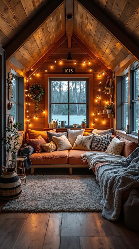 Small Cabin Interior Ideas Small Cabin Interiors Cozy Living Room, Cozy Cabin Vibes, Cozy Cabin Exterior, Cozy Small Cabin, Boho Log Cabin, Small Cabin Interior Ideas, Cabin Chic Decor, Cabin Interiors Cozy, Rustic Small Cabin