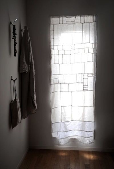 Sheer White patchy curtains. Love white curtains! Let the light IN! Patchwork Curtains, Fog Linen Work, Textil Design, Fog Linen, Linen Quilt, Curtain Designs, Design Sponge, Linen Curtains, My New Room