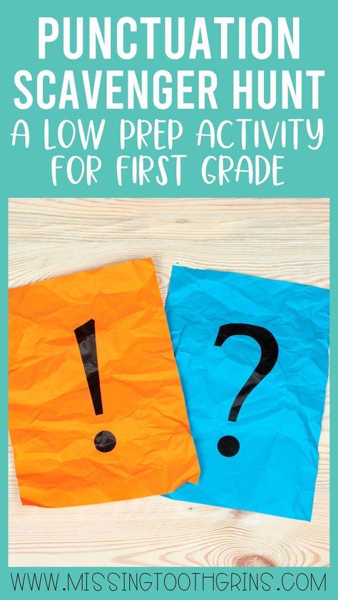 Help your students master punctuation with these easy low prep activity! Add this scavenger hunt activity to your literacy plans today! Check out this step by step guide to prep, set up, and organize a punctuation marks scavenger hunt in your classroom. This fun activity can be used year round to review punctuation marks. Your first grade students will love it! Plus, get a FREE punctuation write the room activity to go along with it. Read more here! Teaching Punctuation First Grade, Punctuation Activity, Activity For 1st Grade, Punctuation Games, Teaching Punctuation, Elementary Writing Activities, Punctuation Activities, 1st Grade Reading, 2nd Grade Activities