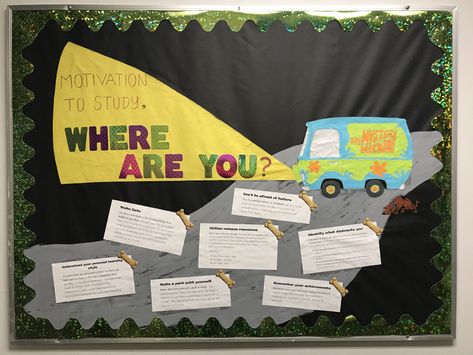 Scooby Doo Bulletin Board with Study Tips #ra #rabulletinboards #raboard #scoobydoo  #studytips  #bulletinboard #bulletinboardideas Ra Study Tips Bulletin Board, Study Tips Ra Bulletin Board, Scooby Doo Ra Bulletin Board, Scooby Doo Ra Theme, Scooby Doo Door Decs, Scooby Doo Bulletin Board, Scooby Doo Classroom Theme, Halloween Bulletin Boards For College, Study Tips Bulletin Board