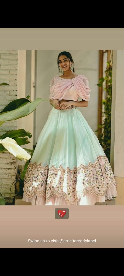 Sleeves Design For Crop Top Lehenga, Unique Crop Top Lehenga Designs, Lehanga Designs Simple, Western Blouse Designs For Saree, Sangeet Outfits For Women, Floral Frocks, Simple Lehenga, Long Gown Design, Wedding Lehenga Designs