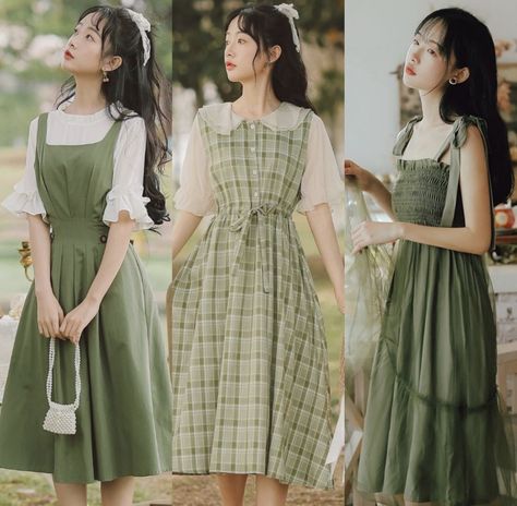 Frocks With Jackets, Green Cottagecore Dress For Daywear, Pastel Green Outfit Korean, Cottagecore Faerie, Green Jumper Outfit, Spring Cottagecore Dress With Ruffled Collar, Korea Fits, Green Jumper Dress, Spring Kawaii Short Sleeve Dresses