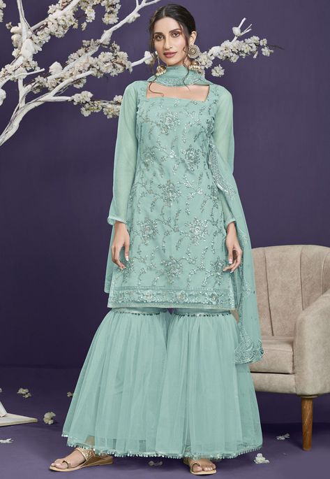 Net Sarara Dress, Pakistani Sharara Suit, Pakistani Sharara, Designer Sharara Suits, Gharara Suits, Butterfly Net, Lehenga Gown, Indian Party Wear, Sharara Suit