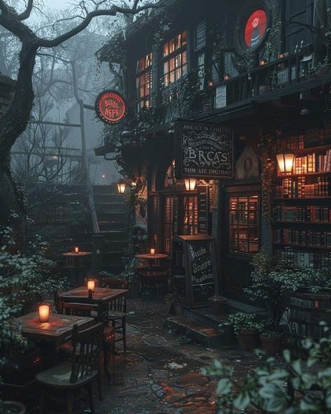 Magic Town Aesthetic, Magic Cafe Aesthetic, Fantasy Shop Aesthetic, Cozy Tavern Aesthetic, Fairytale Restaurant, Gothic Tavern, Dark Town Aesthetic, Witchy Cafe, Tavern Aesthetic