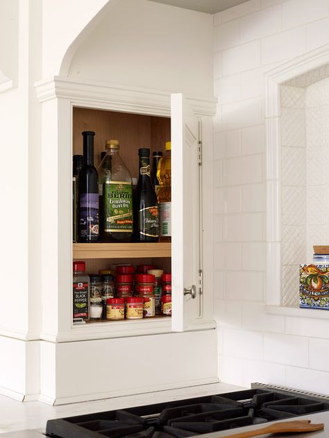 In wall niche... a little storage area for spices.  From BHG Unfitted Kitchen, Austin House, Clever Kitchen Storage, Recessed Cabinet, Wall Niche, Small Cabinet, Upper Cabinets, Wall Storage, Bath Remodel