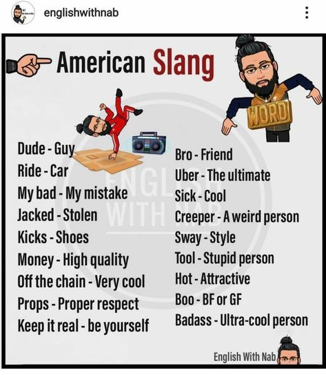 American Slang Words Learn English, American Slang Words, British Slang Words, Basic English Grammar Book, American Slang, English Word Book, Study English Language, English Transition Words, New Vocabulary Words