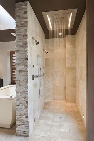 A walk-in shower means no glass to clean - yes please! Bathroom Illumination, Drømme Bad, Dekorere Bad, Bilik Air, Bilik Mandi, Shower Lighting, Hus Inspiration, घर की सजावट, Dream Bathrooms