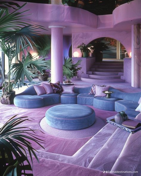 Purple Home Aesthetic, Vaporwave Living Room, Cool Interiors, Cool Interior Design, 80s Interior Design, Monochromatic Room, 80s Interior, Retro Interior Design, Future Apartment Decor