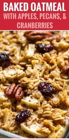 Baked Oatmeal made with apples, pecans, and cranberries is a delicious and comforting breakfast casserole! Baked Oatmeal With Apples, Oatmeal With Apples, Easy Baked Oatmeal, Recipe With Apples, Baked Apple Oatmeal, Baked Oatmeal Recipe, Diy Easy Recipes, Baked Oatmeal Recipes, Oatmeal Recipe