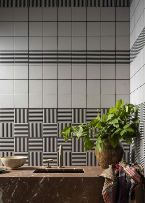 8 New Inspirational Bathroom Designs | Mandarin Stone Black And White Patterned Tile, White Tile Splashback, Brick Ceramic Tile, Wood Effect Porcelain Tiles, Pattern Combinations, Black And White Tiles Bathroom, Patterned Kitchen Tiles, Graphic Tiles, Tile Splashback