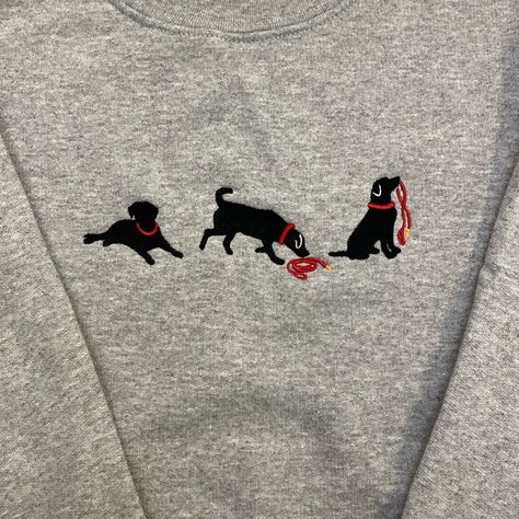 Helping My Friend Sell Her Amazing Prototype Designs For Her New Etsy Shop! High Quality Embroidery But Right Sleeve Of New Sweatshirt Has Area Where It Looks Like Fabric Snagged . Sweatshirt Overall Looks Great. Black Lab With Red Collar/ Leash Embroidered On New Gildan Brand Sweatshirt. Light Grey, Unisex Large. 50/50 Cotton/Poly, , Medium Weight (8 Oz/Yd). For More Color And Size Options, Please Visit My Friend's New Etsy Shop: Sweetbluetomato.Etsy.Com Black Dog Embroidery, Black Lab Embroidery, Embroidered Clothes Aesthetic, Labrador Embroidery, Dog Embroidery Ideas, Lab Embroidery, Making Pillows, I Need A Hobby, Dog Embroidery