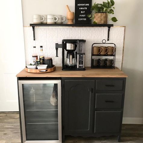 15 Coffee and Wine Bar Ideas to Elevate Your Space - Coffee Taste Corner Coffee Bar Modern Design, Small Salon Coffee Station, Drinks And Coffee Cabinet, Diy Coffee And Bar Station, Coffee Corner With Fridge, Corner Breakfast Bar Ideas, Coffee Wine Bar Ideas Kitchens, Small Coffee Bar Ideas With Mini Fridge, Small Inside Bar Ideas