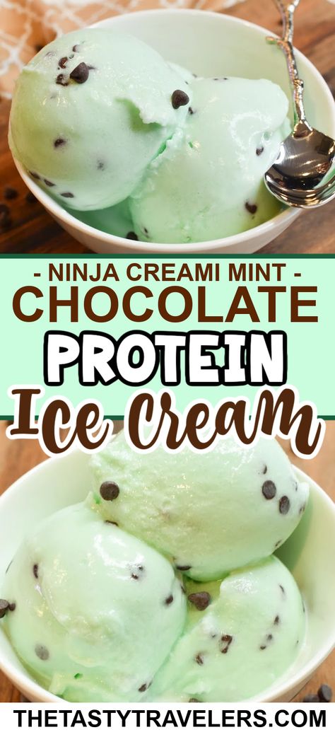 Ninja Creami Mint Chocolate Protein Ice Cream!! Say goodbye to mint ice cream that tastes like toothpaste and HELLO to the perfect minty flavor mixed with mini chocolate chips! Mint Protein Ice Cream, Mint Chocolate Chip Protein Ice Cream, Mint Chocolate Chip Ice Cream Ninja, Ninja Creami Protein Mint Chocolate Chip, Mint Chocolate Chip Ice Cream Ninja Creami, Mint Chip Ninja Creami, Ninja Creami Mint Chip Ice Cream, Mint Chocolate Chip Ninja Creami, Ninja Creami Oreo Ice Cream Recipes Healthy