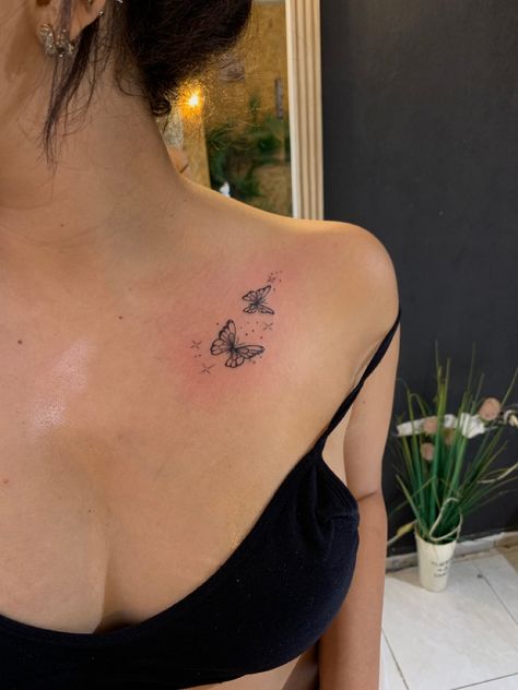 Butterfly Clavicle Tattoos For Women, Tattoo Female Shoulder, Below Collar Bone Tattoo For Women, Astrology Butterfly Tattoo, Womens Tattoos Collar Bone, Dainty Rose Tattoo Behind Ear, Dainty Butterfly Tattoo Collar Bone, Tattoo Idea Collar Bone, Small Butterfly And Sunflower Tattoo