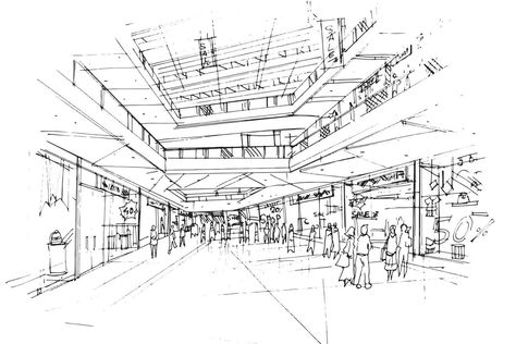 Mall Composition Drawing, Shopping Mall Drawing, Mall Sketches, Mall Ideas, Drawing Backgrounds, Ideas Sketch, Composition Drawing, 2d Illustration, Fashion Shops