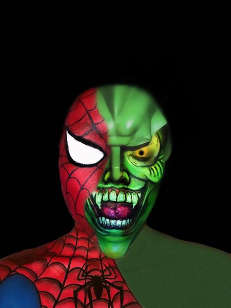 spider-man no way home makeup Goblin Face Paint, Goblin Face, Illusion Makeup, Professional Face Paint, Spiderman Face, Spider Man No Way Home, No Way Home, Green Goblin, Facepaint