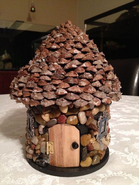 Stone fairy house with acorn roof Stone Fairy House, Gothic Dollhouse, Fairy Tree Houses, Fairy House Crafts, Fairy Garden Furniture, Diy Miniatures, Fairy Village, Fairy House Diy, Fairy Garden Crafts