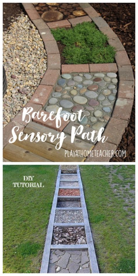 DIY Barefoot Garden Tutorials for Physical and Inner Relaxology Sensory Garden Ideas Adults, School Sensory Garden, Sensory Walking Path, Arc Garden, Garden Tutorials, Sensory Trail, Sensory Path, Preschool Garden, Play Garden