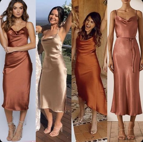 Fall Midi Bridesmaid Dress, Copper Bridesmaids Dresses, Copper Bridesmaid, Brown Dresses Outfit, Copper Bridesmaid Dresses, Masquerade Ball Outfits, Orange Dress Outfits, Orange Satin Dress, Brown Satin Dress