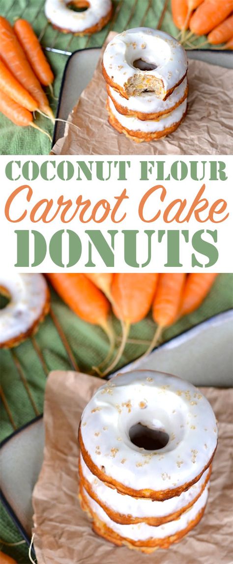 Coconut Flour Carrot Cake Donuts - Moist carrot cake donuts with a cream cheese glaze-- gluten-free too! Coconut Flour Carrot Cake, Moist Carrot Cake, Baked Donut, Clean Dinners, Keto Donuts, Donuts Donuts, Moist Carrot Cakes, Coconut Flour Recipes, Wheat Belly