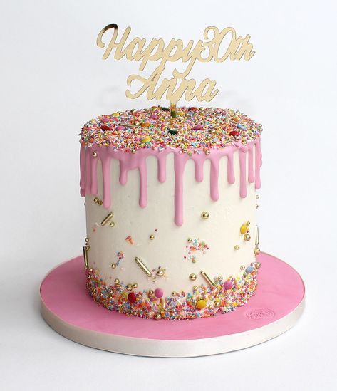 30th pink drip cake | A tall chocolate cake complete with wh… | Flickr 30th Birthday Cake Pink, Tall Chocolate Cake, Pink Ganache, Sprinkle Drip Cake, Pink Drip Cake, Birthday Drip Cake, Ganache Drip, Acrylic Topper, White Buttercream