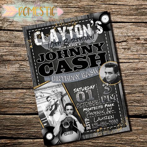 Johnny Cash Birthday #Invitation | Johnny Cash #Invite | Johnny Cash Birthday Party | Johnny Cash Party | Printable |   Hey friend! Thanks a bunch for your interest in one of... #invitation #theme #card #invite #music ➡️ http://jto.li/PpbgG Johnny Cash Birthday, Hey Friend, Thanks A Bunch, Digital Goods, Party Printable, Kids Ideas, 13th Birthday, Johnny Cash, Birthday Bash