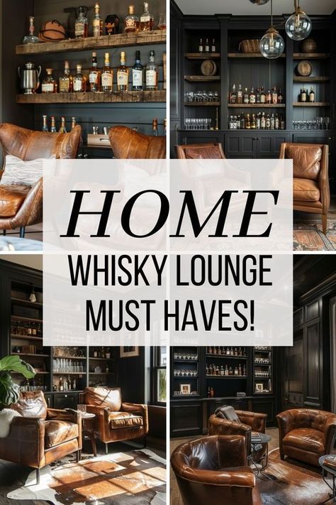 Step into the world of whiskey lounges with this ultimate guide to creating your own at home. Learn about the essential barware, furniture, design, and artwork needed to set up a cozy and inviting space. Discover how to mix modern decor with classic touches to craft the perfect atmosphere for enjoying your favorite spirits. Get all the tips and ideas you need to transform any room into a sophisticated whiskey lounge! Bourbon Bar Decor Ideas, Wine Bar Room In House, Speakeasy Rec Room, Masculine Bar Ideas For Home, Whiskey Bar Ideas, Bar In House Ideas, Whiskey Lounge Home, Bourbon Room Ideas, Bar Ideas For Home Basement