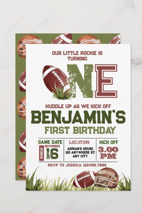 Football 1st Year Down Football BIrthday Party Invitation
Ready for a football birthday party? This design features hand-painted watercolor items such as a football helmet, and football ball, together with the typography "First Year Down", and "Little Rockie". All text is editable on this birthday invite and budget-friendly postcards are available too! #birthday #happybirthday #birthdaycards #birthdayparty #firstbirthday #turningone #football 1st Year Down Football Birthday, First Down Birthday, Chiefs Party, Football Birthday Party Invitations, Football Invitations, Football Cookies, Football Birthday Party, Eagles Football, Football Ball