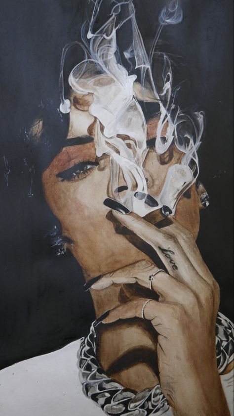 Rihanna's portrait painted by me Smoker Artwork, Rihanna Painting, Kahlo Paintings, Watercolour Portrait, Girly Drawings, Painting Of Girl, Animated Love Images, Art Bedroom, Amazing Art Painting