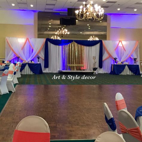 Royal Blue and Coral wedding decor. #artandstyledecor Coral And Royal Blue Wedding, Quince Background, Navy Blue And Coral Wedding, Coral Wedding Decor, Blue And Coral Wedding, Blue Coral Weddings, Coral Wedding Decorations, Navy Blue Wedding Theme, Navy Blue And Coral