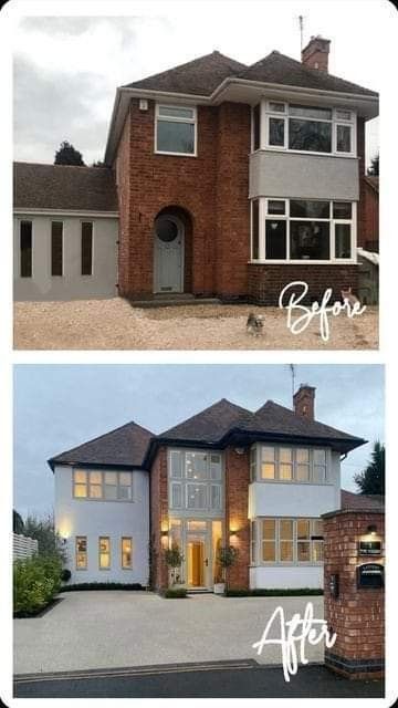 Front House Renovation, Brick Extension On Rendered House, 60s House Renovation, House Rendering Ideas, 1930 House Exterior, Rendered House Exterior, 1930s House Exterior Uk, 1970s House Exterior, Bungalow Entrance