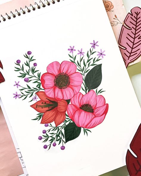 Bunch Of Flowers Drawing, Gouache Flowers, Polaroid Painting, Flowers Bunch, Pencil Drawings For Beginners, Flower Illustrations, Flora Design, Pen Art Drawings, Bullet Journal Design Ideas