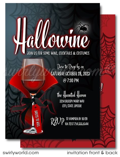 Boos And Booze Party, Hallowine Party, Halloween Cocktail Party Invitations, Wine Party Invitations, Vintage Halloween Invitations, Wine Glass Design, Adult Halloween Party Invitations, Halloween Cocktail Party, Vampire Cape