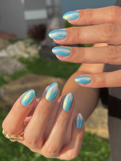 Teal Dip Nails Ideas, Purple Blue Chrome Nails, Tiffany Blue Chrome Nails, Unicorn Chrome Nails Designs, Fun Chrome Nails, Teal Chrome Nails, Mermaid Chrome Nails, Chromatic Nails, Rainbow Chrome Nails