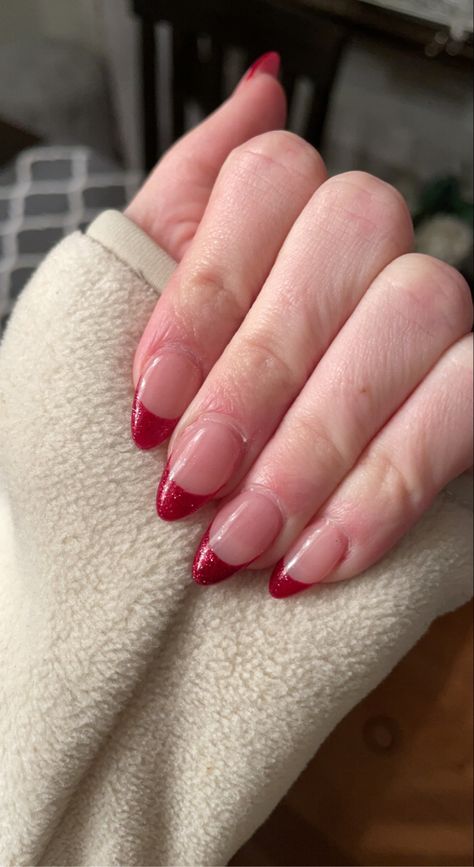 Red Shimmer French Tip Nails, Holiday Nails French Tip Sparkle, Red Glitter French Tip Nails Almond, Sparkly Red Tip Nails, Sparkly Red French Tip Nails Almond, Red Sparkle French Tip, Red Sparkly French Tip Nails, Red Sparkle French Tip Nails, Red Glitter French Tips