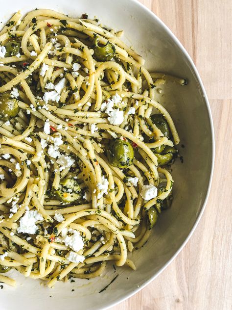 Feta Olive Pasta, Castelvetrano Olives Recipe, Green Olive Pasta, Olive Recipes Appetizers, Olive Pasta, Castelvetrano Olives, Maria Martin, Sicilian Food, Pork Entrees