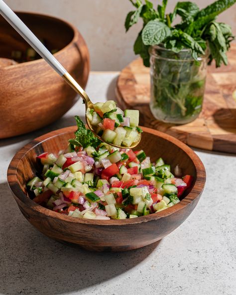 Mediterranean Cucumber Salad (Salad Shirazi) - Shred Happens Shred Happens Mediterranean, Cucumber Mediterranean Salad, Preppy Meals, Shredhappens Mediterranean Salad, Mediterranean Cucumber Tomato Salad, Middle Eastern Cucumber Salad, Greek Shirazi Salad, Salad Shirazi, Shred Happens