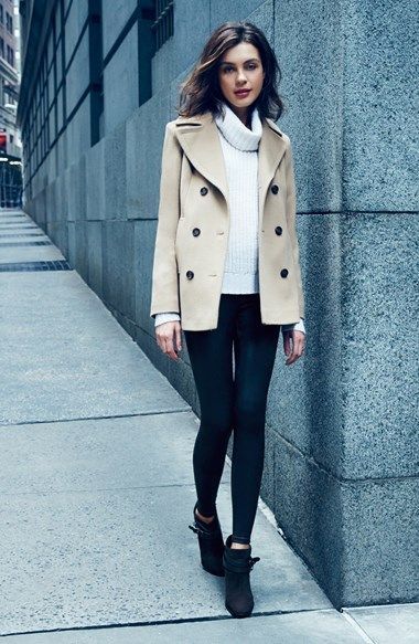 Wear a beige pea coat and black leggings for a refined yet off-duty ensemble. Add black suede ankle boots to your look for an instant style upgrade.   Shop this look on Lookastic: https://lookastic.com/women/looks/beige-pea-coat-white-cowl-neck-sweater-black-leggings/16313   — White Cowl-neck Sweater  — Beige Pea Coat  — Black Leggings  — Black Suede Ankle Boots Beige Peacoat, Sweater Leggings Outfit, Minimalist Fashion Winter, Hippie Chic Fashion, Mini Skirt Style, Coat White, Black Suede Ankle Boots, Beige Coat, Wool Peacoat