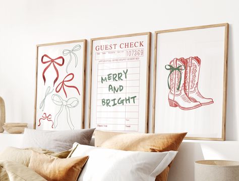 Coquette Christmas Wall Art, Trendy Holiday Prints, Festive Guest Check, Cowgirl Christmas Aesthetic, Xmas Bows Poster, Printable Set of 3 Behind The Couch Christmas Decor, Cowgirl Christmas Aesthetic, Christmas Quotes Wall Art, Christmas Decor Above Couch, Kids Bathroom Christmas Decor, Christmas Prints Aesthetic, Christmas Diy Wall Art, Simple Christmas Room Decor, Christmas Dresser Decor